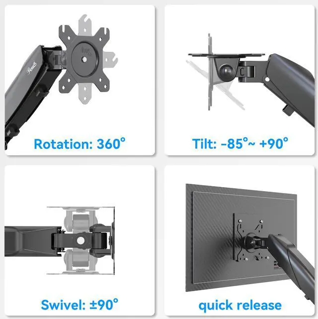 Alt view image 5 of 9 - Rosewill Dual Monitor Mount, 15 to 32 Inch, 4.4 to 19.8lbs per Screen, Adjustable Gas Spring Monitor Arm with Cable Management, Clamp & Grommet Base