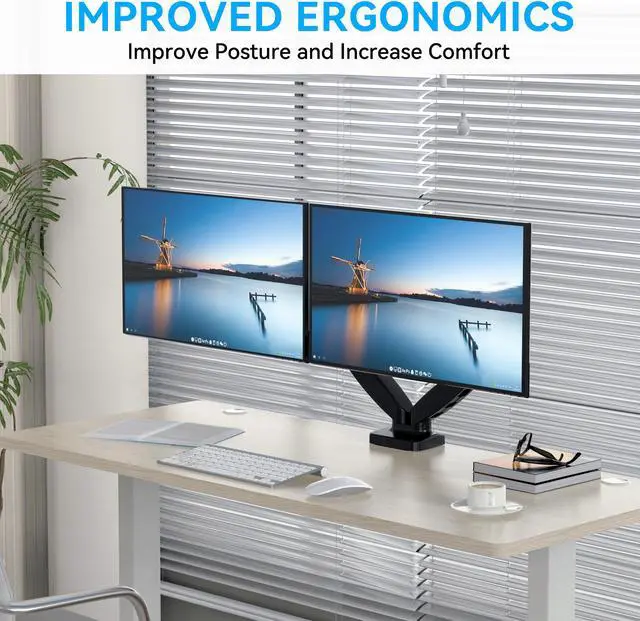 Alt view image 8 of 9 - Rosewill Dual Monitor Mount, 15 to 32 Inch, 4.4 to 19.8lbs per Screen, Adjustable Gas Spring Monitor Arm with Cable Management, Clamp & Grommet Base