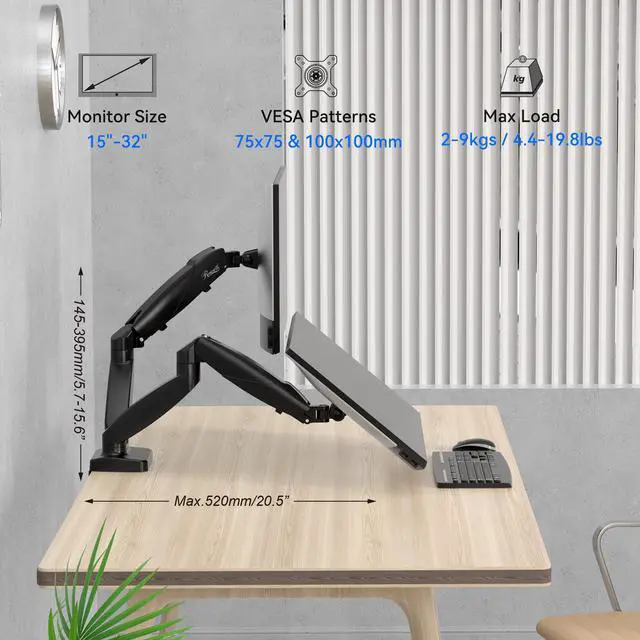 Alt view image 10 of 9 - Rosewill Dual Monitor Mount, 15 to 32 Inch, 4.4 to 19.8lbs per Screen, Adjustable Gas Spring Monitor Arm with Cable Management, Clamp & Grommet Base