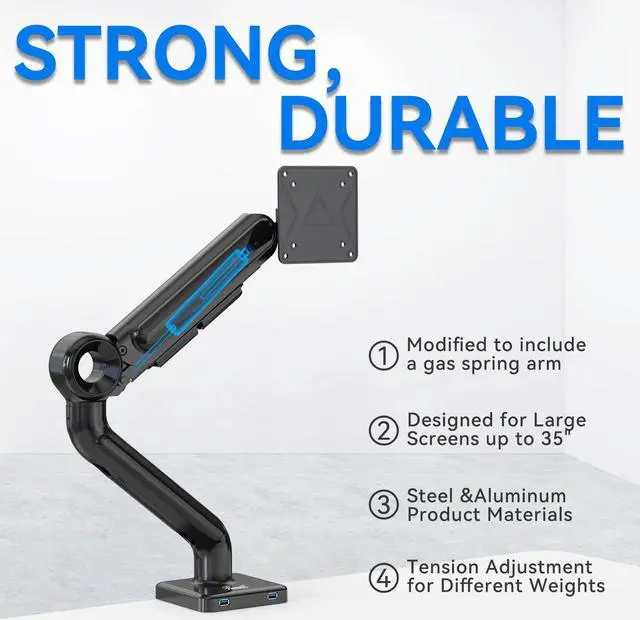 Alt view image 6 of 9 - Rosewill Premium Single Monitor Mount, 13 to 35 Inch, 0 to 26.5lbs, Ultrawide Computer Monitor Stand for 35 inch Screens, Upgraded Adjustable Monitor Mount with USB, C-Clamp & Grommet Base, VESA 75x75
