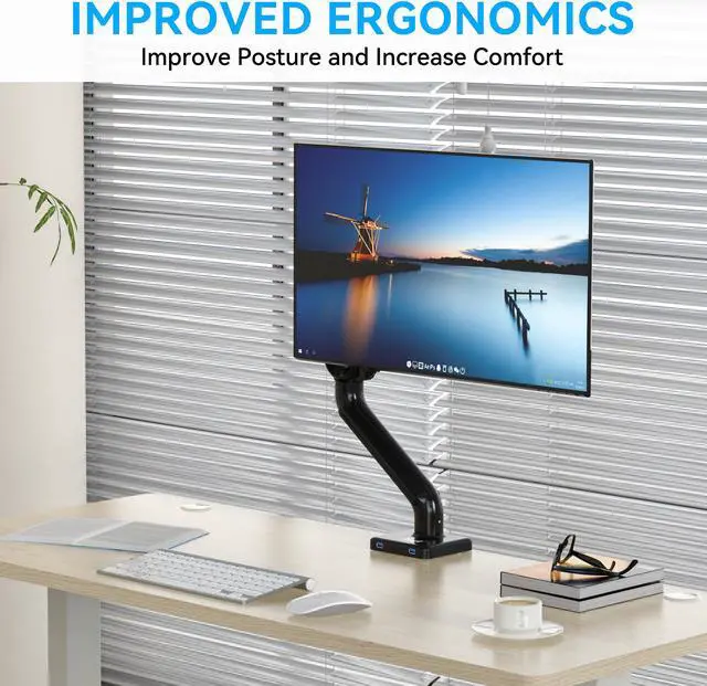 Alt view image 8 of 9 - Rosewill Premium Single Monitor Mount, 13 to 35 Inch, 0 to 26.5lbs, Ultrawide Computer Monitor Stand for 35 inch Screens, Upgraded Adjustable Monitor Mount with USB, C-Clamp & Grommet Base, VESA 75x75