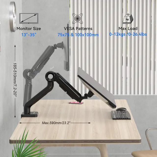 Alt view image 10 of 9 - Rosewill Premium Single Monitor Mount, 13 to 35 Inch, 0 to 26.5lbs, Ultrawide Computer Monitor Stand for 35 inch Screens, Upgraded Adjustable Monitor Mount with USB, C-Clamp & Grommet Base, VESA 75x75