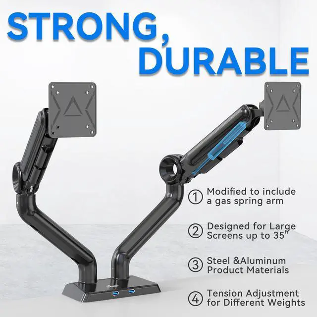 Alt view image 6 of 9 - Rosewill Premium Dual Monitor Mount, 13 to 35 Inch, Premium Dual Monitor Mount with USB, Height Adjustable Monitor Stand for 2 Monitors, VESA Mount with Clamp/Grommet Base, Each Arm Hold up to 26.4lbs