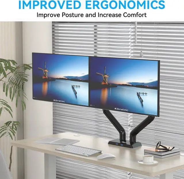 Alt view image 7 of 9 - Rosewill Premium Dual Monitor Mount, 13 to 35 Inch, Premium Dual Monitor Mount with USB, Height Adjustable Monitor Stand for 2 Monitors, VESA Mount with Clamp/Grommet Base, Each Arm Hold up to 26.4lbs