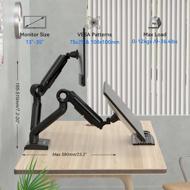 Alt view image 10 of 9 - Rosewill Premium Dual Monitor Mount, 13 to 35 Inch, Premium Dual Monitor Mount with USB, Height Adjustable Monitor Stand for 2 Monitors, VESA Mount with Clamp/Grommet Base, Each Arm Hold up to 26.4lbs