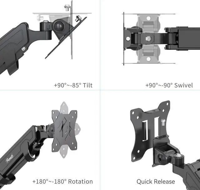 Alt view image 5 of 9 - Rosewill Single Monitor Mount, Adjustable Monitor Arm Desk Mount Fits 15-32 inch Screen, Holds 19.8lb, Gas Spring Monitor Stand, Full Motion Swivel Monitor Arm with Vesa Mount