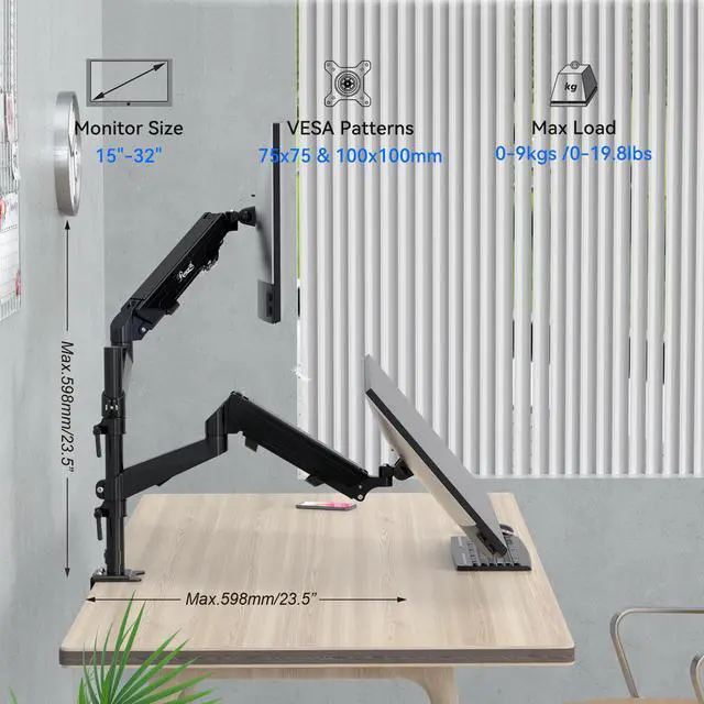 Alt view image 10 of 9 - Rosewill Dual Monitor Mount, 15 -32 Inch Monitor Mount 2 Monitors, Ergonomic Height Adjustable Screen Mount 2 Monitors Tilt/Swivel/Rotate/Weight Max 19.8 LBS/VESA 75/100 mm