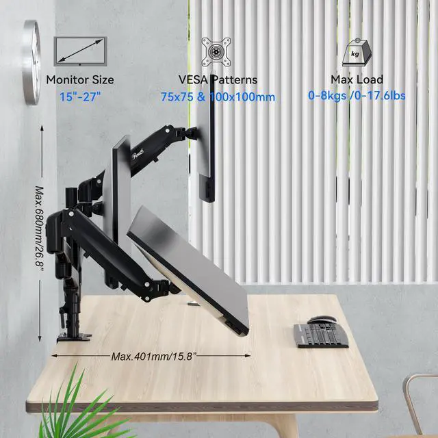 Alt view image 10 of 9 - Rosewill Triple Monitor Mount, 15 to 27 Inch, up to 17.6lbs, Gas Springs Adjustment Triple Monitor Stand with Swivel, Tilt, Rotation, Clamp & Grommet Kit (Black)