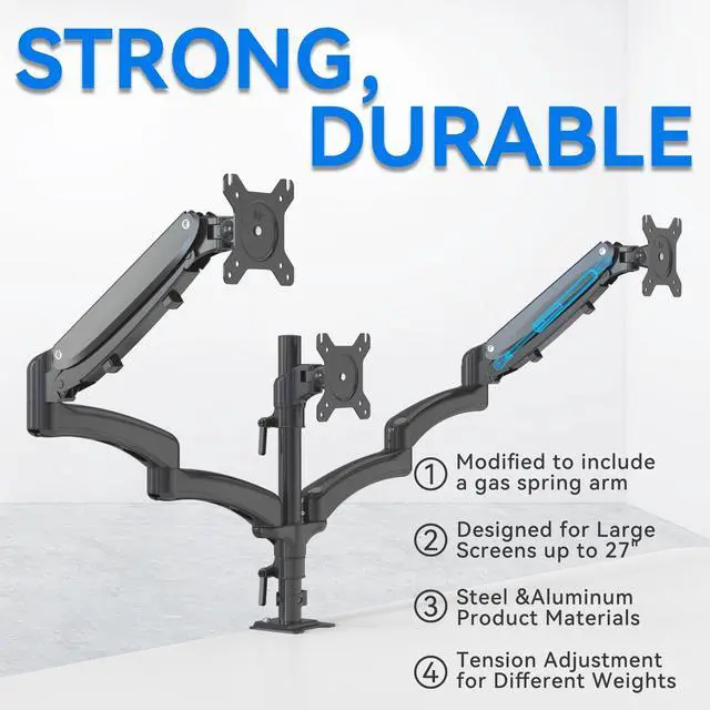 Alt view image 8 of 9 - Rosewill Triple Monitor Mount, 15 to 27 Inch, up to 17.6lbs, Gas Springs Adjustment Triple Monitor Stand with Swivel, Tilt, Rotation, Clamp & Grommet Kit (Black)