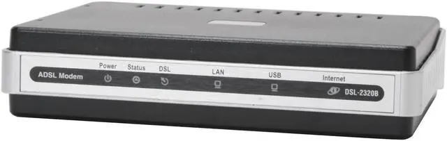 Main image of D-Link DSL-2320B ADSL2/2+ Ethernet/USB Modem 24Mbps Downstream, 3.5Mbps Upstream ADSL Port (RJ-11) 10/100 Ethernet Port (RJ-45) USB 1.1 Port ADSL Standards: Multi-mode  Full-rate ANSI T1.413 Issue 2  ITU-T G.992.1 (G.dmt) Annex A/C/I  ITU-T