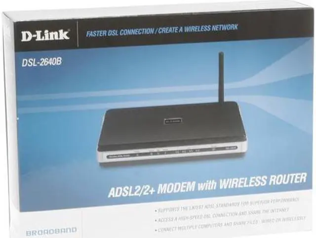 Alt view image 6 of 6 - D-Link DSL-2640B ADSL2/2+ Modem with Wireless Router 24Mbps Downstream, 3.5Mbps Upstream ADSL Port (RJ-11) 4 x 10/100 Ethernet Port (RJ-45) ADSL Standards: Multi-mode  Full-rate ANSI T1.413 Issue 2  ITU-T G.992.1 (G.dmt) Annex A/C/I  ITU-T