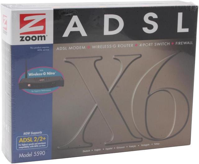Alt view image 5 of 5 - Zoom 5590 X6 ADSL 2/2+Modem+Wireless AP+Router+Firewall+4p Switch Maximum downstream rate of 8 Mbps (ADSL), or 24 Mbps (ADSL 2+) Maximum upstream rate of 896 Kbps (ADSL), or 1024 Kbps (ADSL 2+) Wireless 802.11: Up to 54 Mbps wireless data r