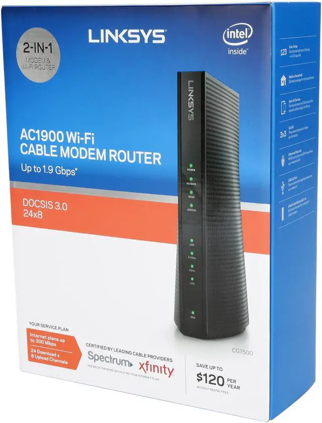 Alt view image 7 of 7 - Linksys High Speed DOCSIS 3.0 24x8 AC1900 Cable Modem Router, Certified for Xfinity by Comcast and Spectrum by Charter (CG7500)
