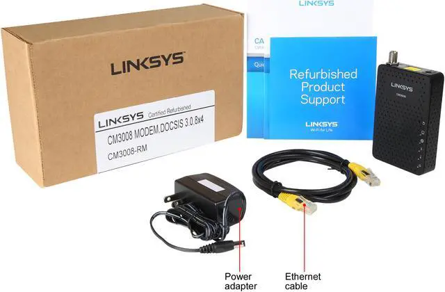 Alt view image 7 of 7 - LINKSYS CM3008-RM-B Docsis 3.0 Cable Modem (8x4 Bonded Channels) (Certified Refurbished) 1 x Gigabit Ethernet DOCSIS 1.1 Certified 
DOCSIS 2.0 Certified 
DOCSIS 3.0 Certified