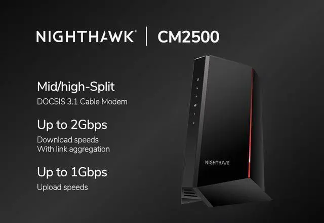 Alt view image 2 of 10 - Netgear Nighthawk CM2500 DOCSIS 3.1 Mid/High-Split Multi-Gig 2Gbps Cable Modem, CM2500-100NAS