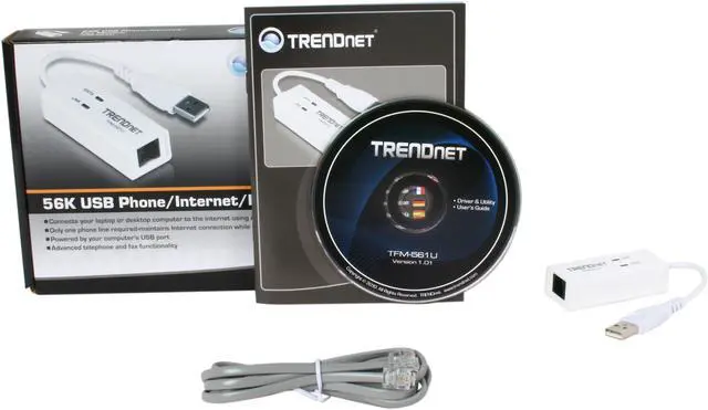 Alt view image 2 of 2 - TRENDnet TFM-561U 56K USB Phone/Internet/Fax Modem 56Kbps 1 x USB 2.0 (Type A) 1 x RJ-11 port (phone line)