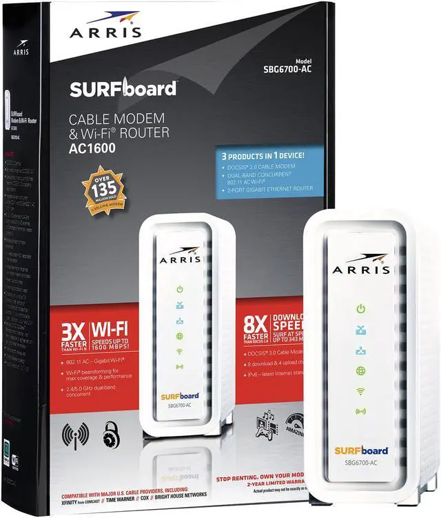 Alt view image 4 of 4 - ARRIS SURFboard SBG6700AC DOCSIS 3.0 Cable Modem & AC1600 Dual Band Gigabit Wireless Router