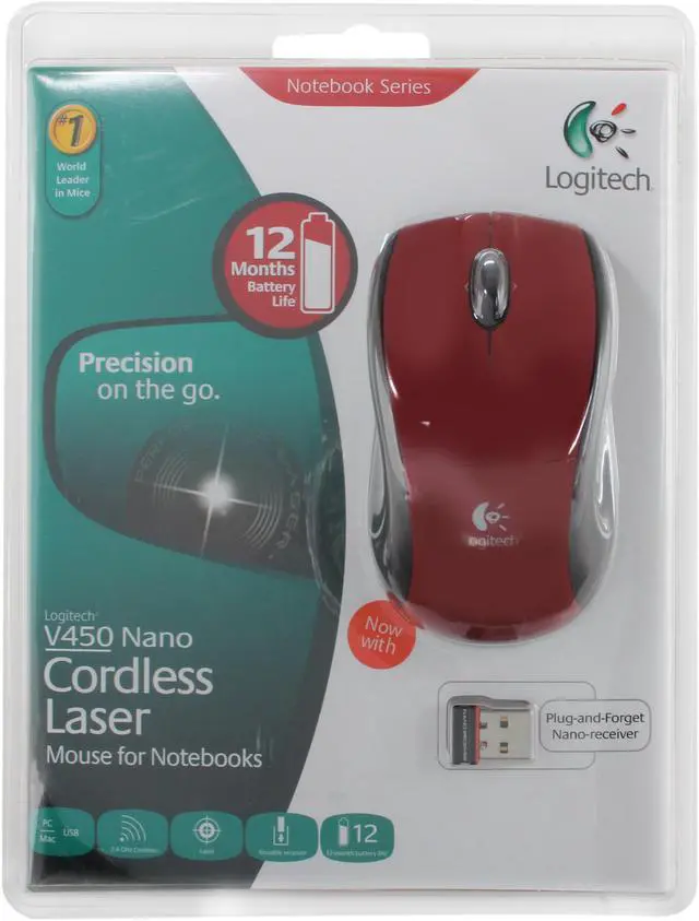 Alt view image 6 of 6 - Logitech V450 Nano Red 3 Buttons Tilt Wheel USB Cordless Laser Mouse