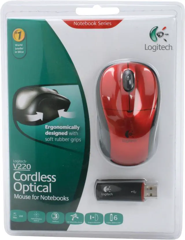 Main image of Logitech V220 Red 3 Buttons Tilt Wheel Cordless Optical Mouse for Notebooks