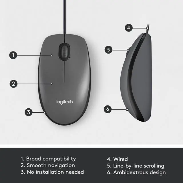 Alt view image 7 of 6 - Logitech M100 Wired Ambidextrous 3-Buttons USB Mouse with 1000 DPI Optical Tracking, Compatible with PC, Mac, Laptop