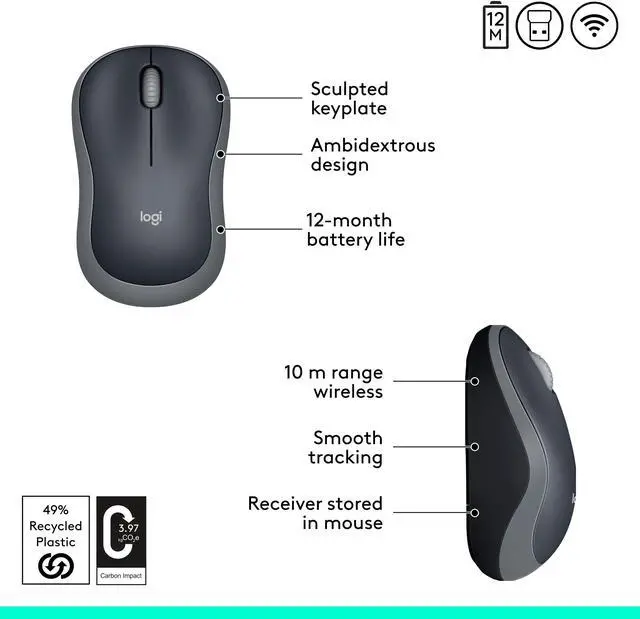 Alt view image 7 of 10 - Logitech M185 910002225 Swift Gray 3 Buttons 1 x Wheel USB RF Wireless Optical Mouse
