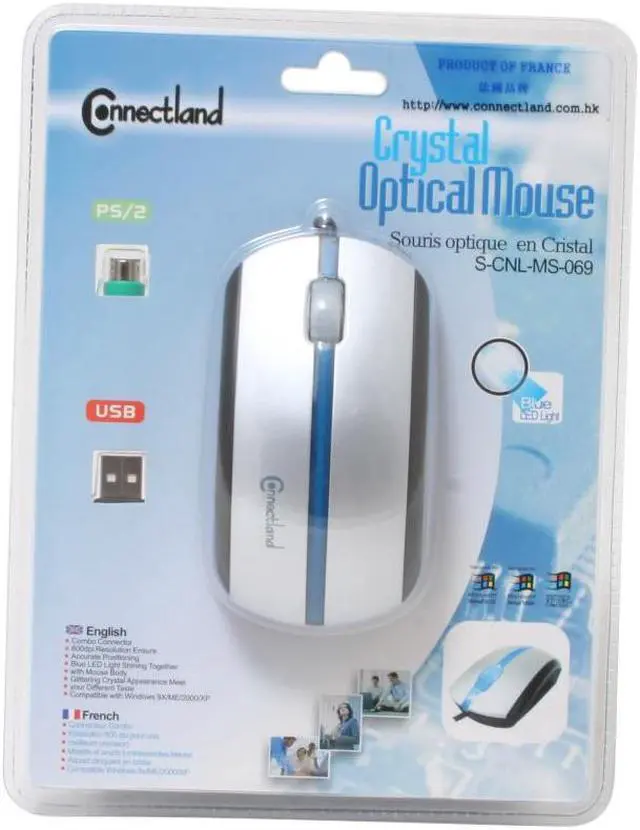 Alt view image 5 of 5 - SYBA CL-MS-069UP Silver 3 Buttons 1 x Wheel USB or PS/2 Wired Optical Combo Mouse With Blue LED Light