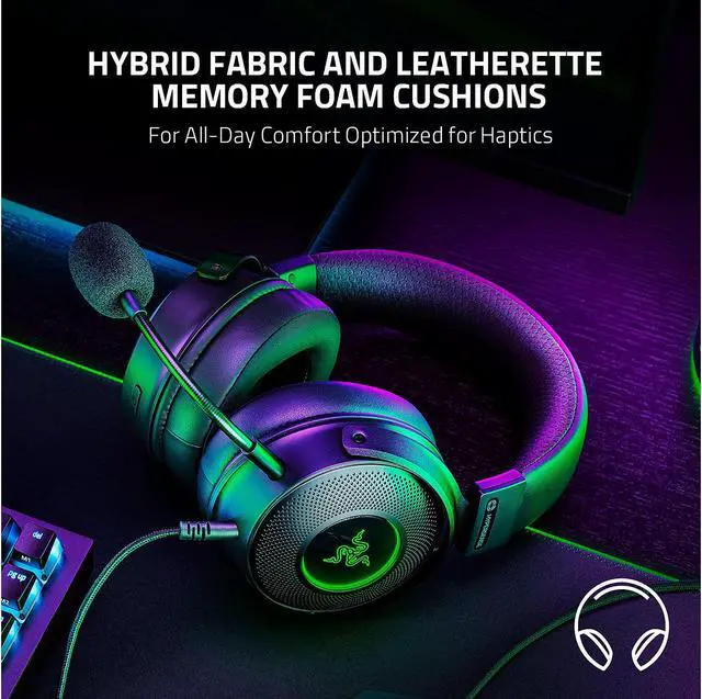 Alt view image 5 of 6 - Razer Kraken V3 HyperSense Wired USB Gaming Headset w/Haptic Technology: Triforce Titanium 50mm Drivers - THX Spatial Audio - Hybrid Fabric & Leatherette Memory Foam Cushions - Detachable Mic