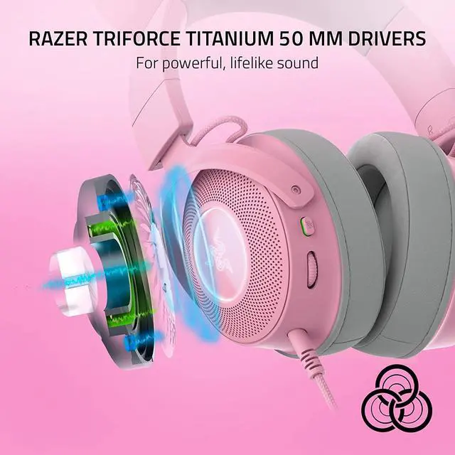 Alt view image 5 of 6 - Razer Kraken Kitty V2 Pro Wired RGB Headset: Interchangeable Ears (Kitty, Bear, Bunny) - Stream Reactive Lighting - Detachable HyperClear Cardioid Mic - 50mm Drivers - 7.1 Surround Sound - Quartz Pink