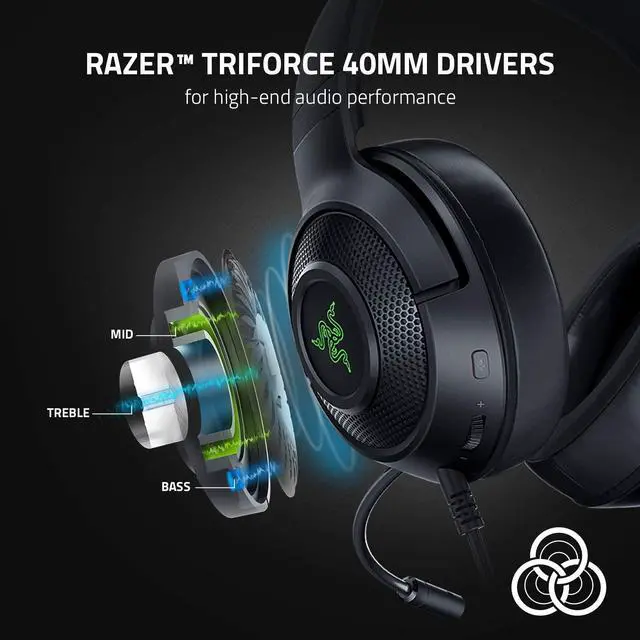 Alt view image 3 of 8 - Razer Kraken V3 X Gaming Headset: 7.1 Surround Sound - Triforce 40mm Drivers - HyperClear Bendable Cardioid Mic - Chroma RGB Lighting - for PC - Classic Black