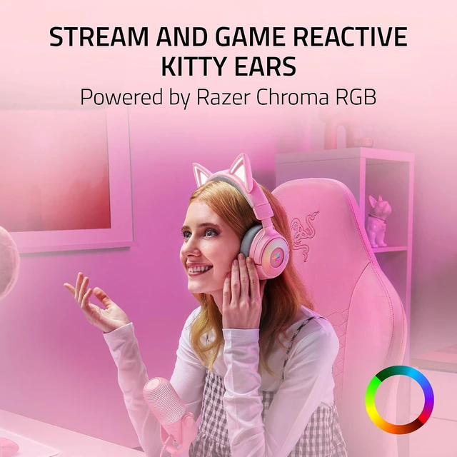 Alt view image 2 of 11 - Razer Kraken Kitty V3 Pro Wireless RGB Gaming Headset, Chroma RGB Kitty Ears, 2.4 GHz, Bluetooth 5.3, USB A, Super Wideband Mic, 40mm Drivers, THX Spatial Audio, 70 Hr Battery, Pink