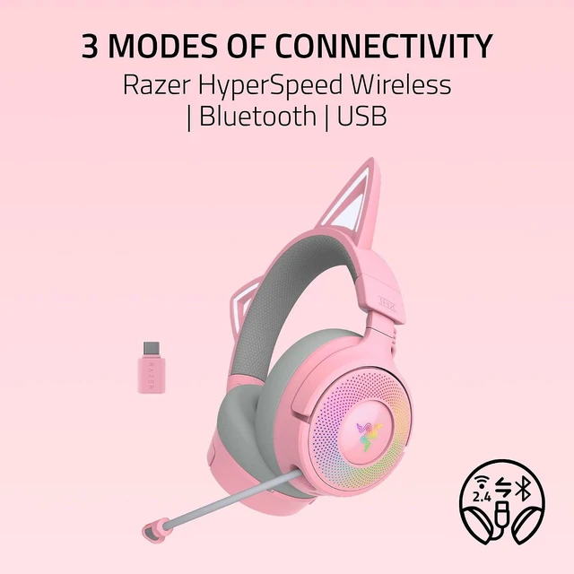 Alt view image 3 of 11 - Razer Kraken Kitty V3 Pro Wireless RGB Gaming Headset, Chroma RGB Kitty Ears, 2.4 GHz, Bluetooth 5.3, USB A, Super Wideband Mic, 40mm Drivers, THX Spatial Audio, 70 Hr Battery, Pink
