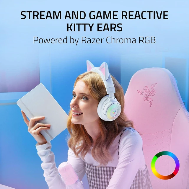 Alt view image 2 of 11 - Razer Kraken Kitty V3 Pro Wireless RGB Gaming Headset, Chroma RGB Kitty Ears, 2.4 GHz, Bluetooth 5.3, USB A, Super Wideband Mic, 40mm Drivers, THX Spatial Audio, 70 Hr Battery, White