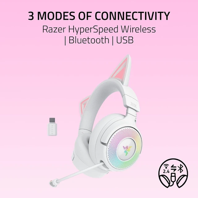 Alt view image 3 of 11 - Razer Kraken Kitty V3 Pro Wireless RGB Gaming Headset, Chroma RGB Kitty Ears, 2.4 GHz, Bluetooth 5.3, USB A, Super Wideband Mic, 40mm Drivers, THX Spatial Audio, 70 Hr Battery, White