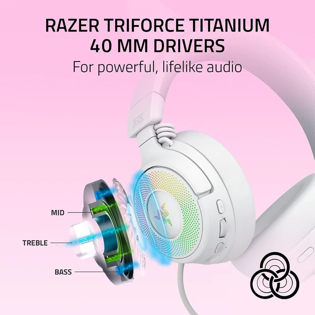 Alt view image 5 of 11 - Razer Kraken Kitty V3 Pro Wireless RGB Gaming Headset, Chroma RGB Kitty Ears, 2.4 GHz, Bluetooth 5.3, USB A, Super Wideband Mic, 40mm Drivers, THX Spatial Audio, 70 Hr Battery, White