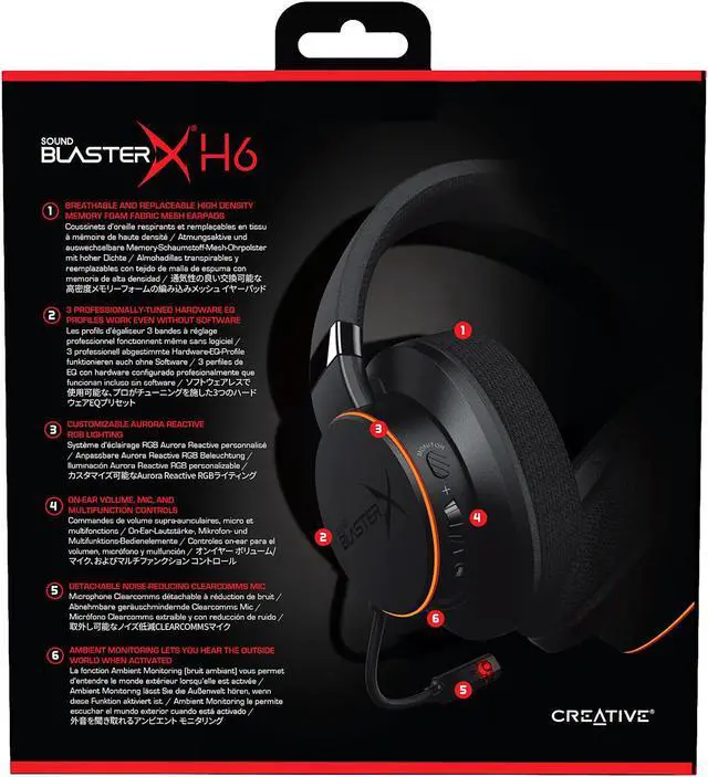Alt view image 10 of 10 - Sound BlasterX H6 USB Gaming Headset with 7.1 Virtual Surround Sound, Memory Foam Fabric Earpads, Hardware EQ Modes, Ambient Monitoring and RGB Lighting for PS4, Xbox One, Nintendo Switch, and PC