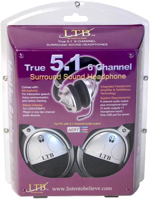 Alt view image 2 of 2 - LTB LTB-AC97-M 3 Stereo Plugs & USB Connector Circumaural True 5.1 surround sound headphones with Mic