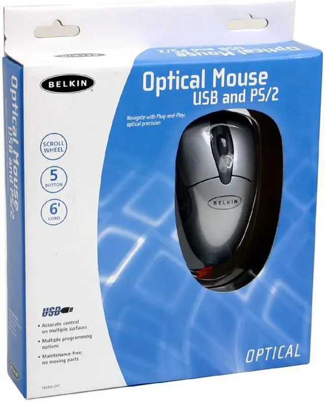 Alt view image 5 of 5 - BELKIN F8E850-OPT 2-Tone 5 Buttons 1 x Wheel USB or PS/2 Wired Optical Mouse