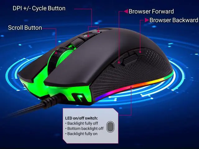 Alt view image 4 of 9 - Rosewill NEON M60 Wired Gaming Mouse with Optical Gaming Sensor, On-The-Fly 12000 DPI, Ergonomic Hand Grips, 8 Programmable Buttons + Rapid Fire with 11 RGB Backlight Modes