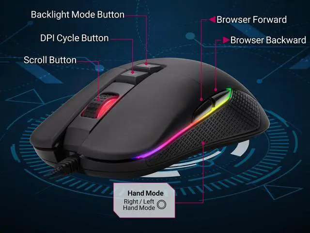 Alt view image 5 of 7 - Rosewill NEON M62 Ambidextrous Wired Gaming Mouse, On-The-Fly 10000 DIP, Ergonomic Ambidextrous Hand Grips, 9 Programmable Buttons, 12 RGB Backlight Modes