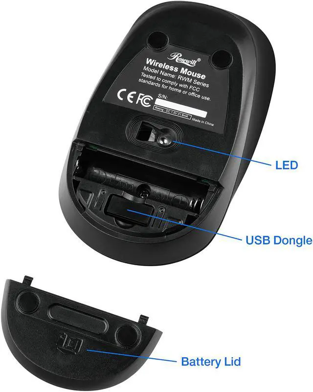 Alt view image 7 of 7 - Rosewill Wireless Optical Computer Mouse, Compact, Travel Friendly, Office Style, Adjustable DPI, 4 Buttons, USB - Blue
