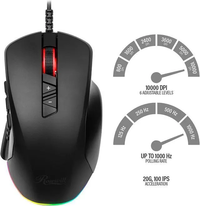 Alt view image 3 of 11 - Rosewill NEON M63 Wired Gaming Mouse with Interchangeable Side Plates, On-The-Fly 10000 DPI, Ergonomic with Finger Rest, 12 Programmable Side Buttons for FPS/MMO/MOBA Games, 10 RGB Backlight Modes