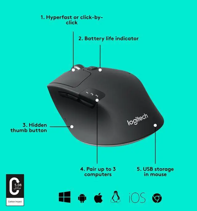 Alt view image 8 of 11 - Logitech M720 Triathlon Multi-Device Wireless Mouse, Bluetooth, USB Unifying Receiver, 1000 DPI, 8 Buttons, 2-Year Battery, Compatible with Laptop, PC, Mac, iPadOS - Black