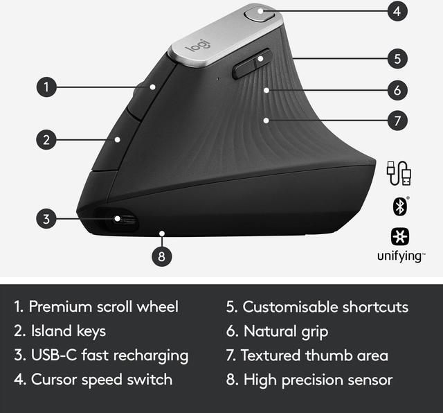 Alt view image 7 of 11 - Logitech MX Vertical Wireless Mouse – Advanced Ergonomic Design Reduces Muscle Strain, Control and Move Content Between 3 Windows and Apple Computers (Bluetooth or USB), Rechargeable, Graphite