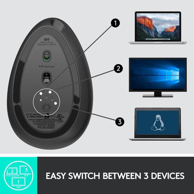 Alt view image 9 of 11 - Logitech MX Vertical Wireless Mouse – Advanced Ergonomic Design Reduces Muscle Strain, Control and Move Content Between 3 Windows and Apple Computers (Bluetooth or USB), Rechargeable, Graphite