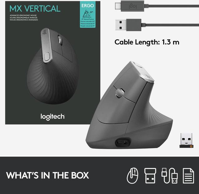 Alt view image 10 of 11 - Logitech MX Vertical Wireless Mouse – Advanced Ergonomic Design Reduces Muscle Strain, Control and Move Content Between 3 Windows and Apple Computers (Bluetooth or USB), Rechargeable, Graphite