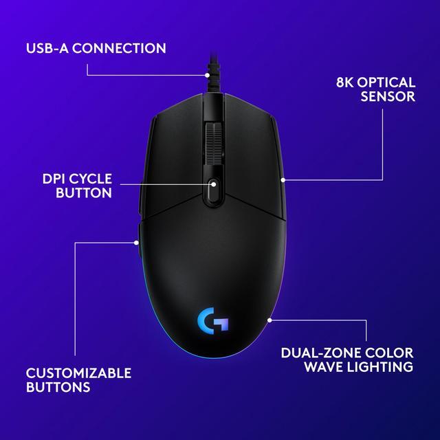Alt view image 6 of 8 - Logitech G203 Wired Gaming Mouse, 8,000 DPI, Rainbow Optical Effect LIGHTSYNC RGB, 6 Programmable Buttons, On-Board Memory, Screen Mapping, PC/Mac Computer and Laptop Compatible - Black