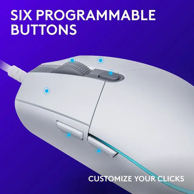 Alt view image 3 of 8 - Logitech G203 Wired Gaming Mouse, 8,000 DPI, Rainbow Optical Effect LIGHTSYNC RGB, 6 Programmable Buttons, On-Board Memory, Screen Mapping, PC/Mac Computer and Laptop Compatible - White