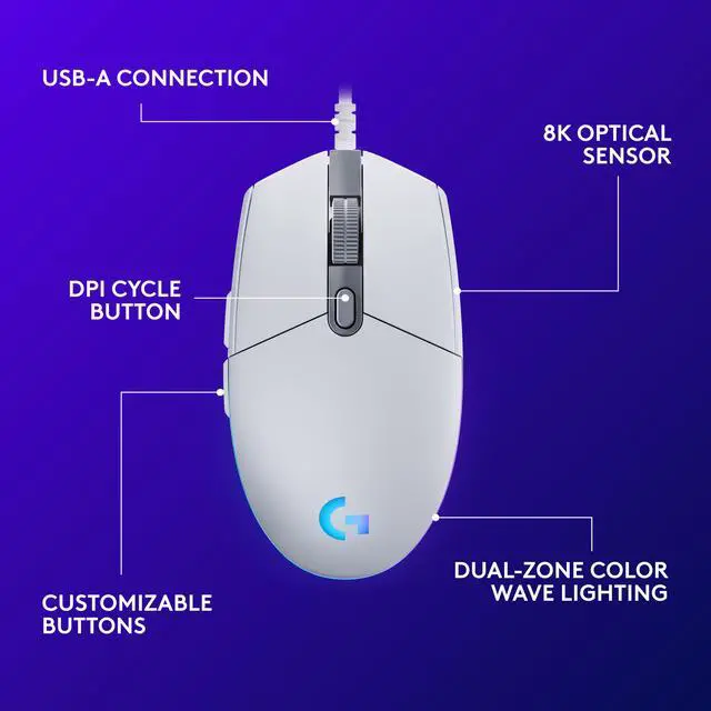 Alt view image 6 of 8 - Logitech G203 Wired Gaming Mouse, 8,000 DPI, Rainbow Optical Effect LIGHTSYNC RGB, 6 Programmable Buttons, On-Board Memory, Screen Mapping, PC/Mac Computer and Laptop Compatible - White