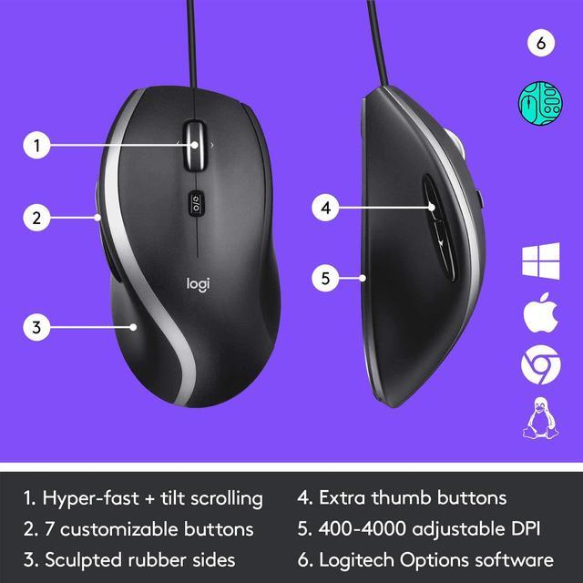 Alt view image 6 of 8 - Logitech M500s Advanced Corded Mouse with Advanced Hyper-fast Scrolling & Tilt, Customizable Buttons, High Precision Tracking with DPI Switch, USB plug & play