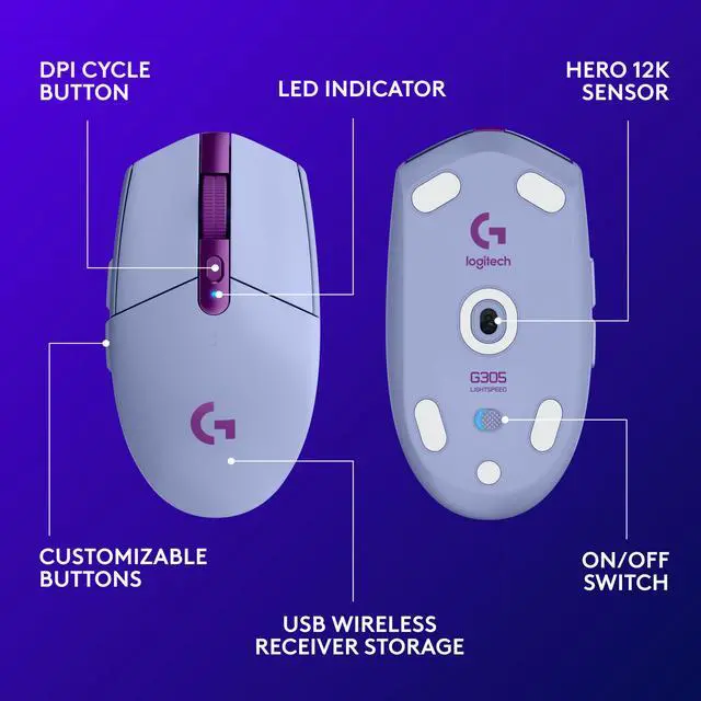 Alt view image 6 of 9 - Logitech G305 LIGHTSPEED Wireless Gaming Mouse, Hero 12K Sensor, 12,000 DPI, Lightweight, 6 Programmable Buttons, 250h Battery Life, On-Board Memory, PC/Mac - Lilac